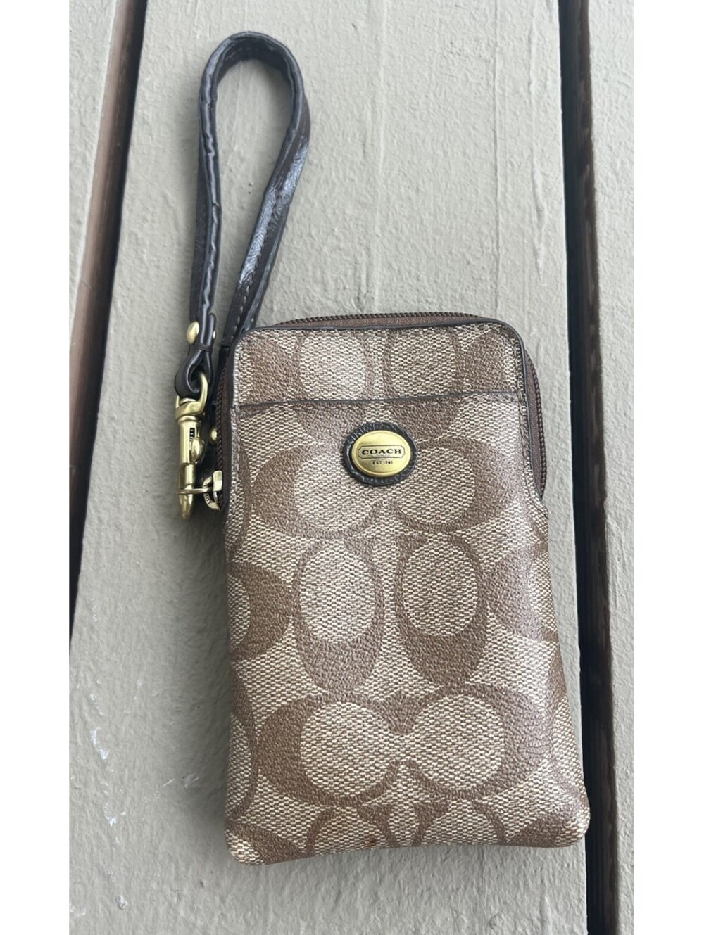 Coach Signature Logo Zip Wristlet Phone Pouch Brown 5”X3”